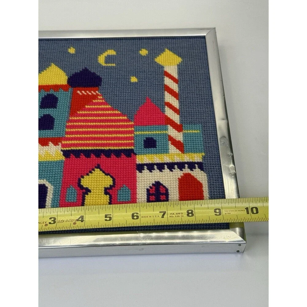 Vintage Framed Needlepoint Arabian Cityscape Wall Art Colorful  Scene 10x12